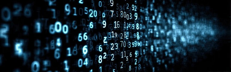 Abstract Digital Code Stream with Blue Glowing Numbers.