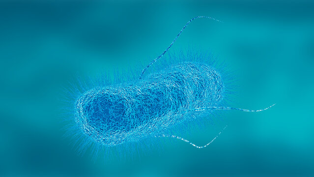 Escherichia coli bacteria with flagella and detailed cellular structure suspended in a blue microscopic environment