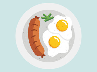 breakfast plate featuring a grilled sausage, two sunny side up fried eggs, and green garnish. Clean, modern food graphic for menu, nutrition