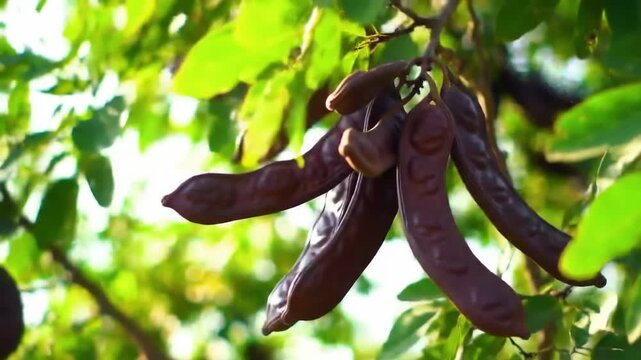 Close-up of carob pods hanging from a tree branch in natural sunlight.