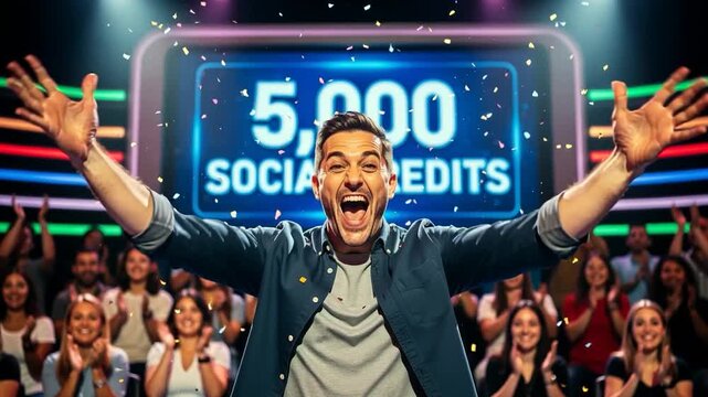 Thrilled man beams with excitement with arms raised, celebrating 5,000 social credits win on bright gameshow stage as confetti falls and crowd cheers wildly
