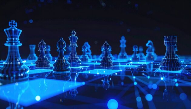 Digital Chess Game with Glowing Chessboard and Pieces
