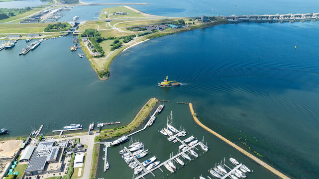 Dutch Coast Guard Ship Entering Port of Rotterdam, Aerial View of Harbor and Marina