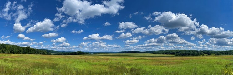 Fototapeta premium Expansive Green Field Under Blue Sky with Clouds.