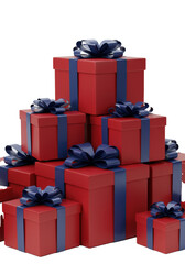 Multiple deep red gift boxes, varying sizes, dark blue satin ribbons, glossy metallic silver bows, in a pyramid formation on a transparent background with copy space, concept of luxury gift-giving