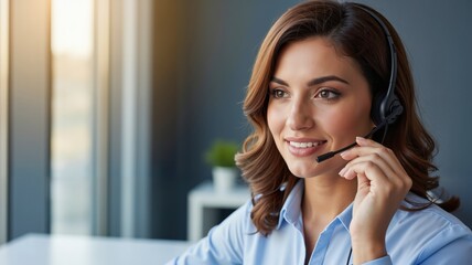 Smiling female call center agent wearing a headset in a modern office. Professional customer service representative providing support
