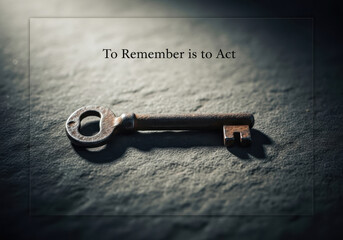 Remembrance Day old key on stone surface with motivational quote