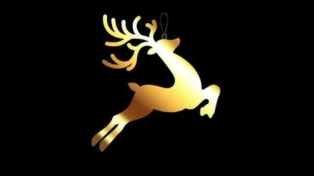 deer on a black background A shimmering golden reindeer ornament in a jumping pose against a dark black background