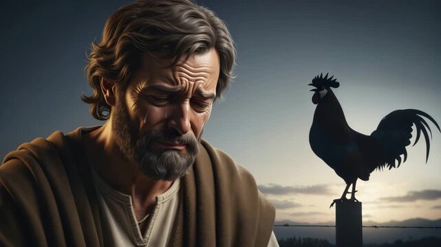 Apostle Peter weeping bitterly after denying Jesus. Biblical scene with rooster silhouette at dawn. Religion and repentance concept