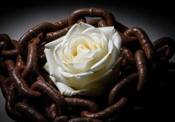 White rose of remembrance bound by rusted iron chains