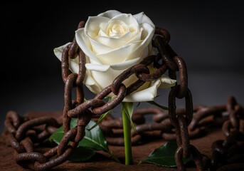 White rose of remembrance bound by rusted iron chains