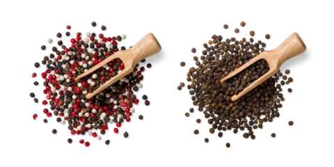 Fototapete Zu Essen Top view of black peppercorns and mixed black, white, and red peppercorns with scoop, isolated on a transparent background. Ideal for food design, packaging, and culinary use.  © PrimeMockup