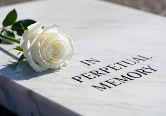 White rose on marble tombstone for International Holocaust Remembrance Day