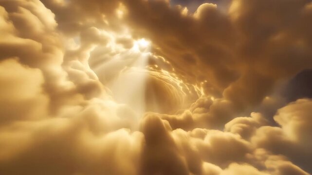 Swirling vortex of golden clouds with bright sun rays. Heavenly tunnel looking up at divine light beams. Spiritual ascension and religious concept