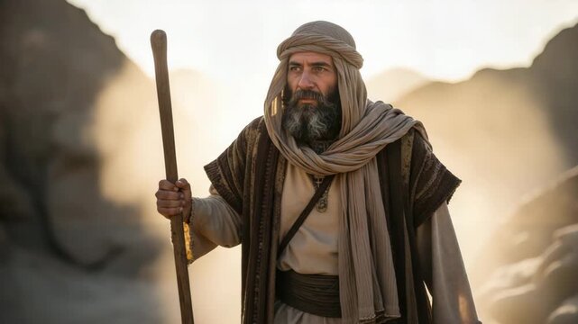 Moses holding a staff in the desert. Biblical prophet standing in a dusty mountain landscape. Religious history and exodus concept. Cinematic portrait of a man in ancient attire