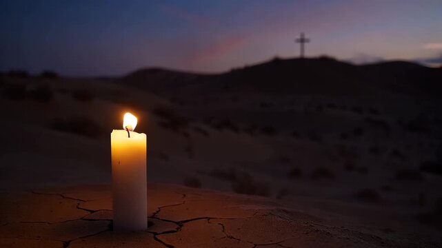 Single candle burning on cracked desert ground at dusk. Silhouette of a cross on a distant hill. Spiritual faith and Lent concept. Copy space