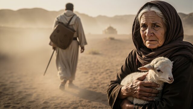Elderly Semitic woman holding a lamb in the desert. Man walking away with a staff in a dusty landscape. Biblical scene of exodus and faith