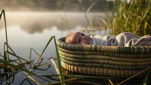Moses in the basket on the Nile river. Baby infant floating in a woven basket among reeds. Biblical story of Exodus and protection. Cinematic morning mist on the water