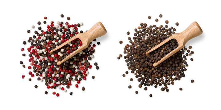 Top view of black peppercorns and mixed black, white, and red peppercorns with scoop, isolated on a transparent background. Ideal for food design, packaging, and culinary use.