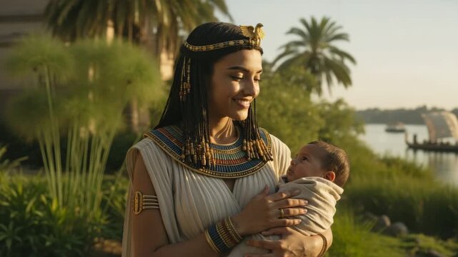 Pharaoh's daughter finding baby Moses by the Nile. Ancient Egyptian princess holding an infant in a swaddle. Biblical story of Exodus and compassion. Cinematic historical reenactment