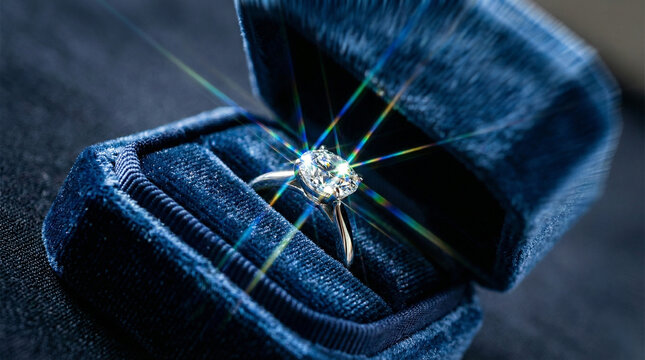 Brilliant diamond engagement ring displaying intense starburst sparkle inside deep blue velvet box, close up view