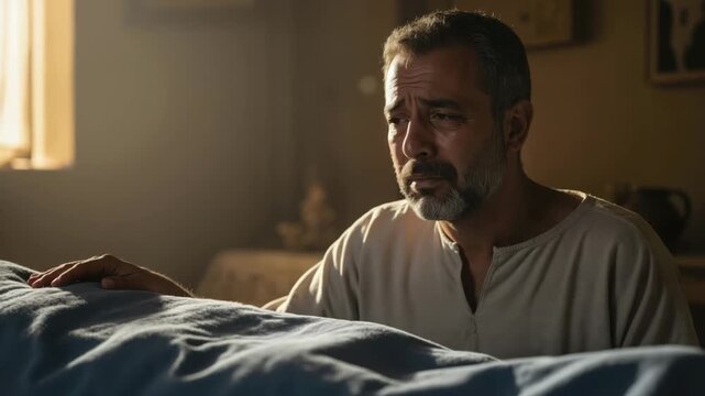 Grieving father mourning the death of his firstborn son. Biblical plague of Egypt narrative. Man in historical tunic sitting by a bed in a dimly lit room. Cinematic religious drama