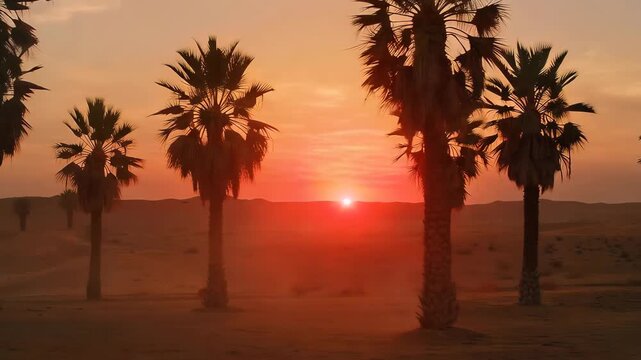 Silhouettes of palm trees against a large red sun in the desert. Cinematic pan of a sunset landscape with blowing dust. Ramadan and Iftar background