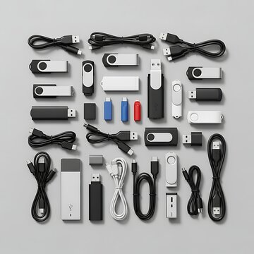 Various electronic devices and cables arranged neatly on a gray background showcasing different types of technology and connectivity options