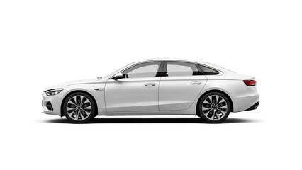 Obraz premium Modern white sedan car, side view, sleek design, isolated against a plain white background