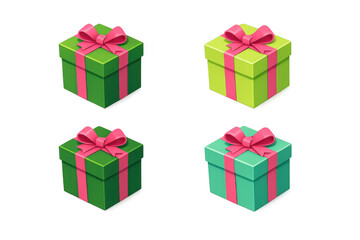 Fototapeta premium Present boxes icon set with green, lime, and teal colors, featuring pink ribbons for celebration and holidays