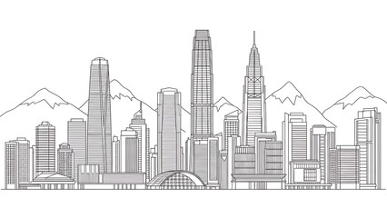 Monochrome line art of a cityscape, featuring various tall buildings and distant mountains