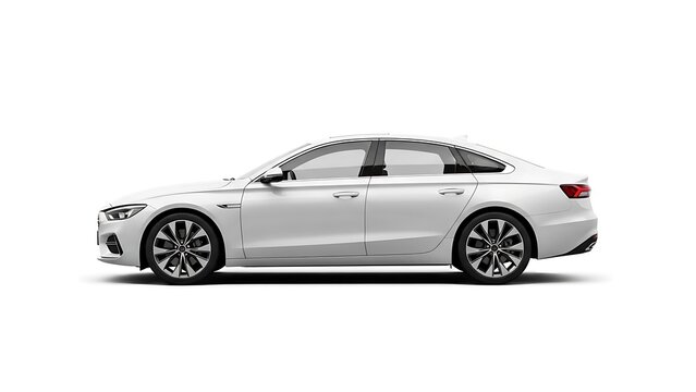 Modern white sedan car, side view, sleek design, isolated against a plain white background