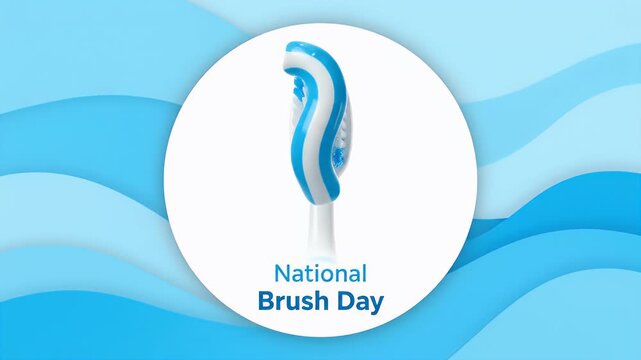 A toothbrush for National Brush Day hygiene on a blue waves banner.