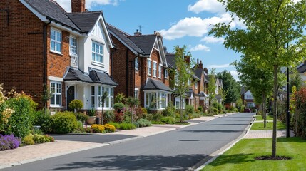 A row of modern red brick houses on a quiet suburban street. New residential housing development with front gardens. Real estate and property concept