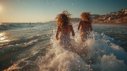 Energetic girls running through ocean waves at sunset on a summer beach vacation with splashing water and scenic coastal horizon