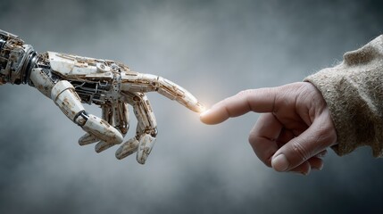 Human hand touching robotic finger symbolizing connection between technology and humanity in a futuristic and symbolic setting