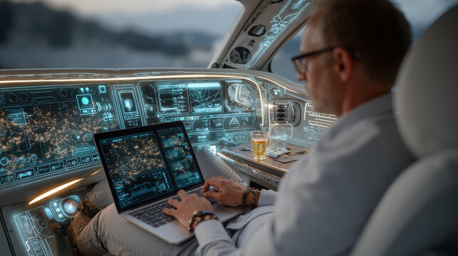 Futuristic aircraft cockpit with transparent displays and caucasian man using laptop