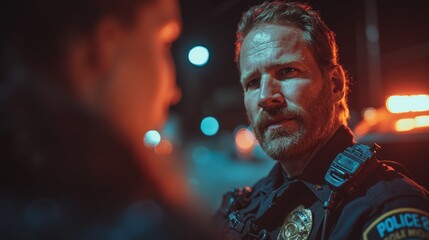 Police officer interacting in nighttime urban scene with patrol car lights in background