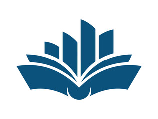 A blue logo of an open book with a cityscape emerging from the pages on a white background