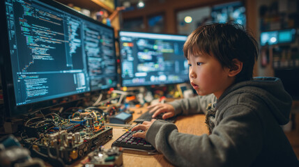 Young asian boy engrossed in coding at home, child surrounded by multiple computer screens and electronic components