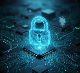 Cyber Security Concept - Glowing Digital Padlock on Circuit Board Motherboard