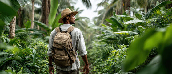 Panoramic view of explorer walking through dense green jungle, man with backpack in tropical paradise surrounded by lush palm trees, concept of adventure