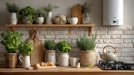 Modern kitchen interior with water heater and rustic herb decor for cozy home ambiance and design inspiration