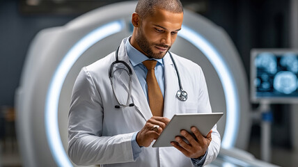 African male doctor examining patient records with modern medical technology against mri in hospital