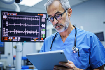 Man doctor in scrubs analyzing patient data on digital tablet in hospital monitoring room, concept of technology, medicine, clinic.