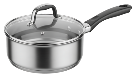 A gleaming stainless steel saucepan with a glass lid and black handle.