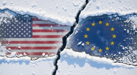 Flags of the USA and EU separated by a crack in the ice. A concept of political division and a cold relationship between America and Europe