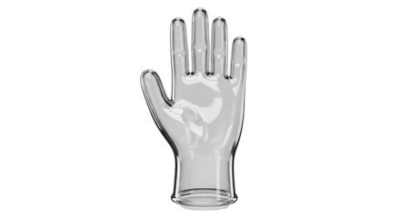 A clear glass mannequin hand is displayed against a black backdrop.