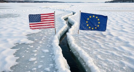 American and European Union flags on opposite sides of a frozen crack. Geopolitical crisis, Greenland and cold war metaphor