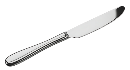 A sleek, shining silver table knife on a dark background.